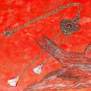 Metal HEART Necklace Long Chain Drops Filigree Brass Rhinestone Handmade Jewelry